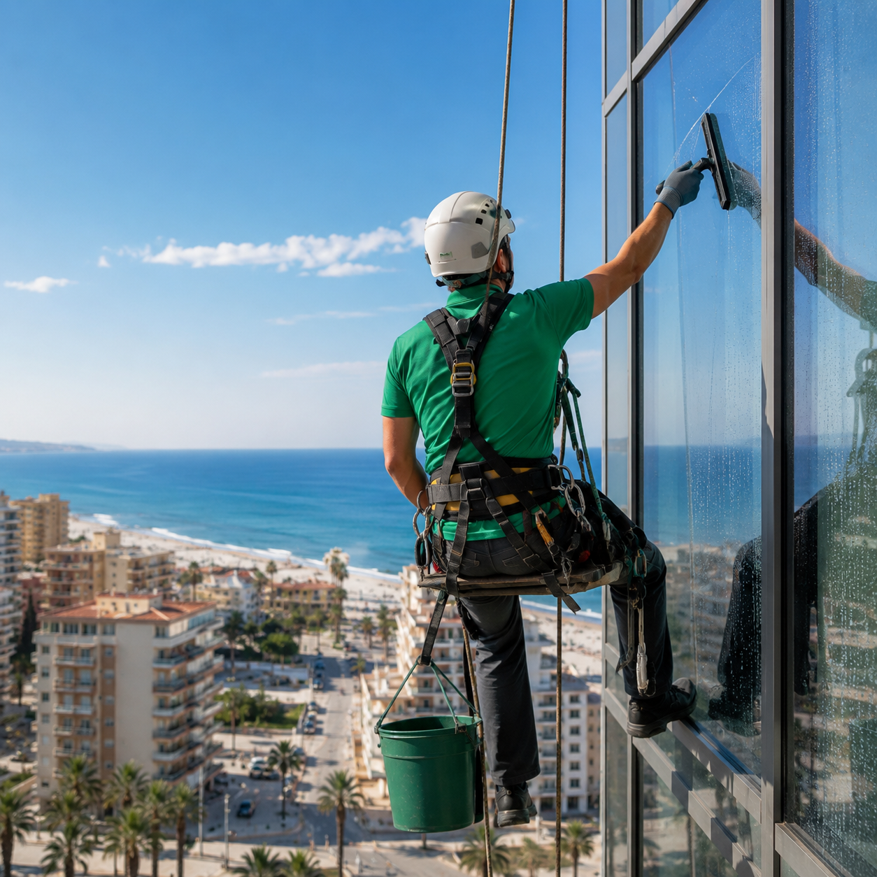 Servicio profesional de limpieza de cristales en altura en Fuengirola con agua osmotizada para edificios, hoteles y fachadas acristaladas