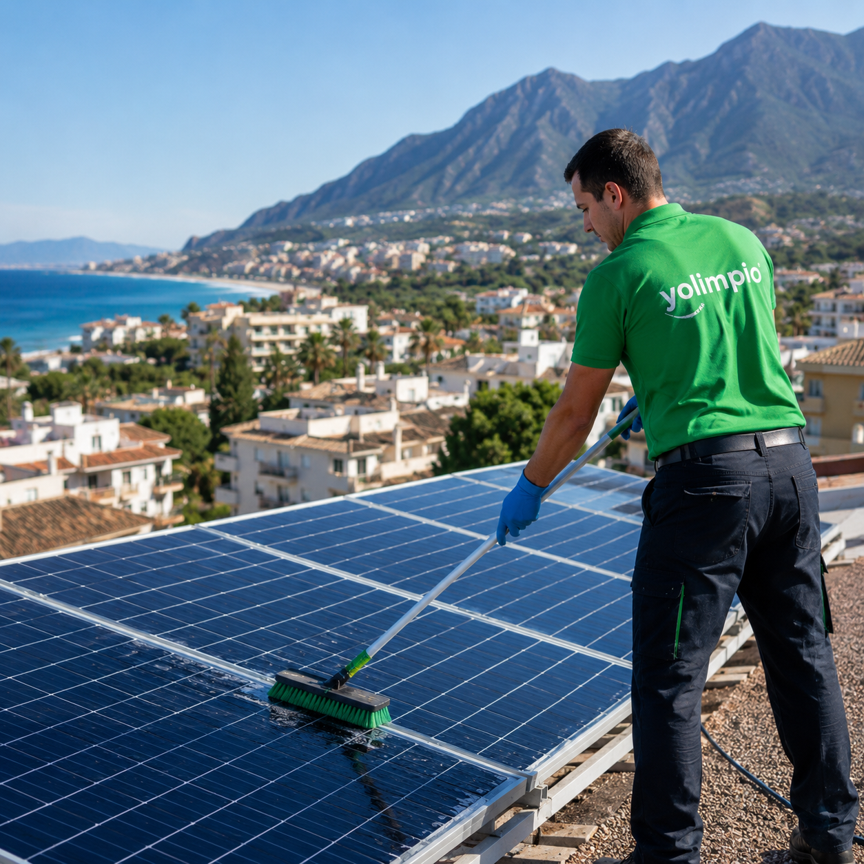 Servicio profesional de limpieza de placas solares en Fuengirola con agua osmotizada para paneles fotovoltaicos en viviendas y edificios